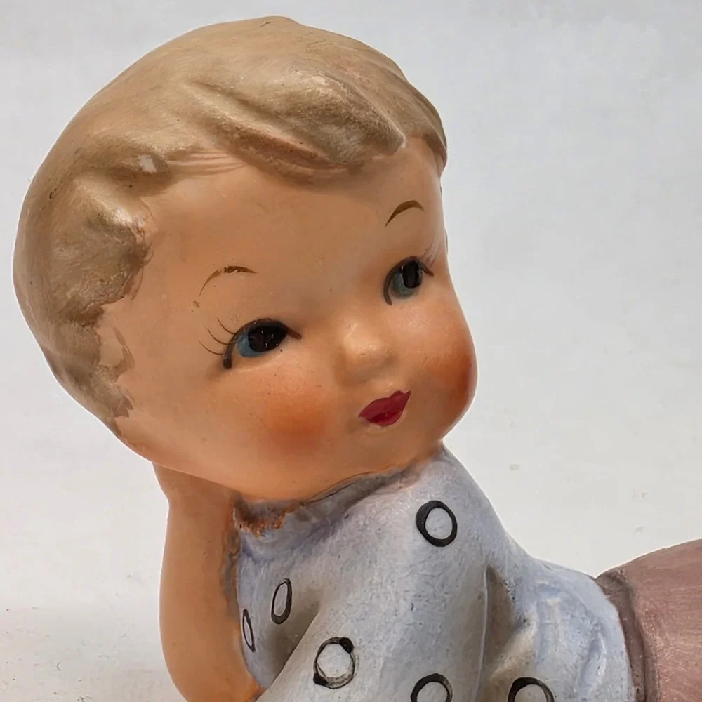 Vintage Boy Figurine Lying Down on Stomach MCM Piano Baby Nursery Decor